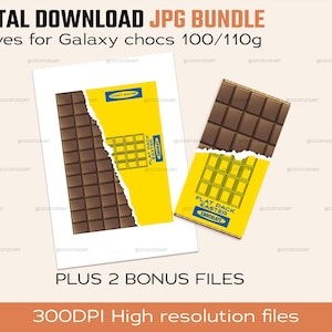 May include: Digital download JPG bundle of sleeves for Galaxy chocolate bars, 100/110g. The image shows a chocolate bar with a yellow wrapper and the text "FLAT PACK EASTER CHOCOLATE". Includes 2 bonus files. High resolution 300DPI files.