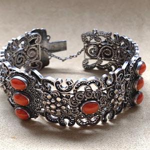 Impressive Chinese Export Sterling Silver Filigree Natural undyed Coral Cuff Bracelet