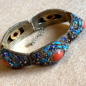 Chinese Export Gilt Sterling Silver Filigree Enamel Coral Bracelet, 7"