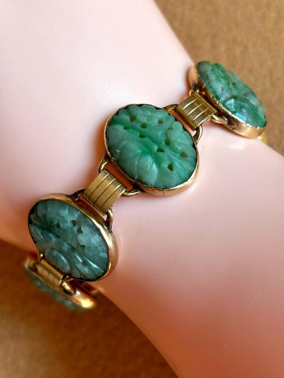 Vintage Gold Filled Carved Jade Jadeite Link Bracelet