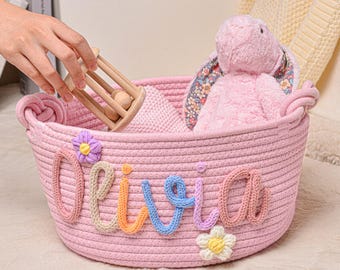 Custom Baby Name Basket,Personalized Baby Basket,Rope Cotton Baby Gift Basket,Handmade Baby Shower Gift,Newborn Gift,Nursery Gift,Toy Basket