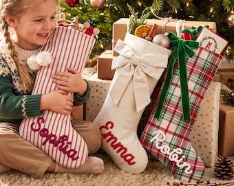 Personalized Name Christmas Stocking,2026 Lineny  Family Stocking with Bow,Holiday Decor