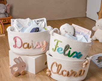 Personalized Cotton Rope Baby Basket,Monogrammed Nursery Toy Organizer,S-4XL,Solid White & Polka Dot Multicolor