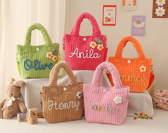 Bolsa transversal personalizada, bolsa infantil de veludo cotelê macio, presente para chá de bebê, bolsa para menina, bolsa tote personalizada com nome, presente infantil, presente de aniversário