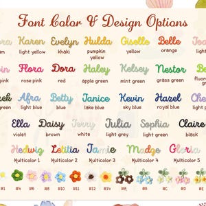 May include: A chart displaying font color and design options. The text includes names like Adora, Karen, and Evelyn, each paired with a color. Below, various flower designs are shown with corresponding numbers.