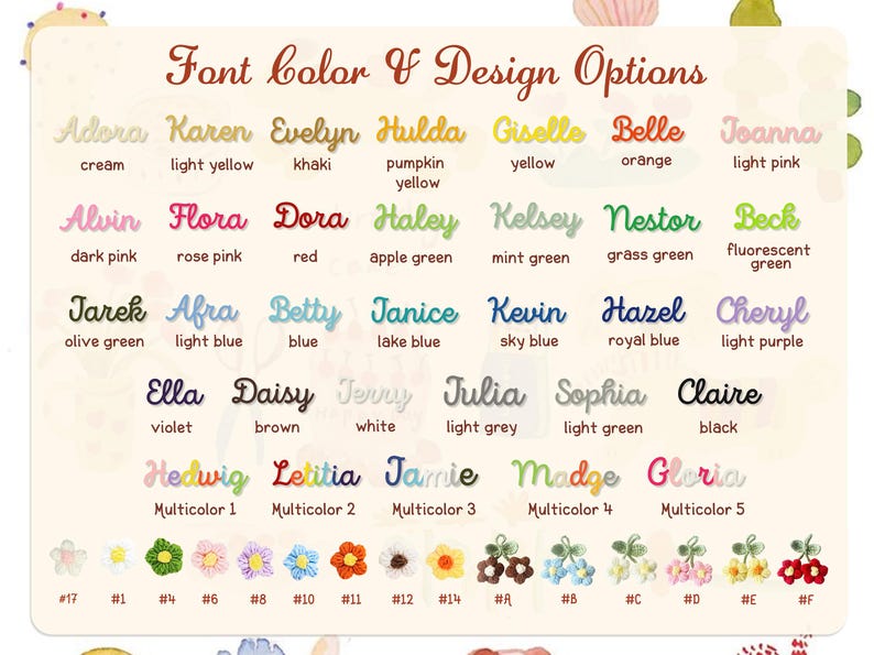 May include: A chart displaying font color and design options. The text includes names like Adora, Karen, and Evelyn, each paired with a color. Below, various flower designs are shown with corresponding numbers.