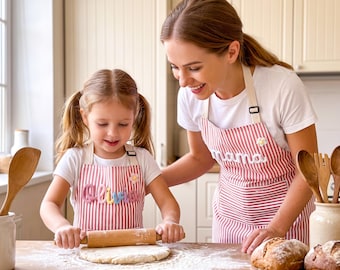Personalized Name Embroidered Apron,Handmade Crochet Kid & Adult Matching Kitchen Apron,Family Cooking Lovers