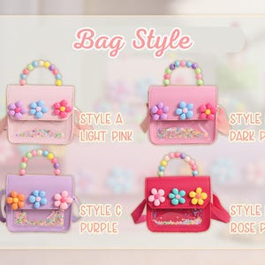 May include: Four small handbags labeled Bag Style with options A, B, C, and D. Each bag features a beaded handle, three flower embellishments on the flap, and a clear front pocket filled with colorful confetti. Colors include light pink, dark pink, purple, and rose pink.