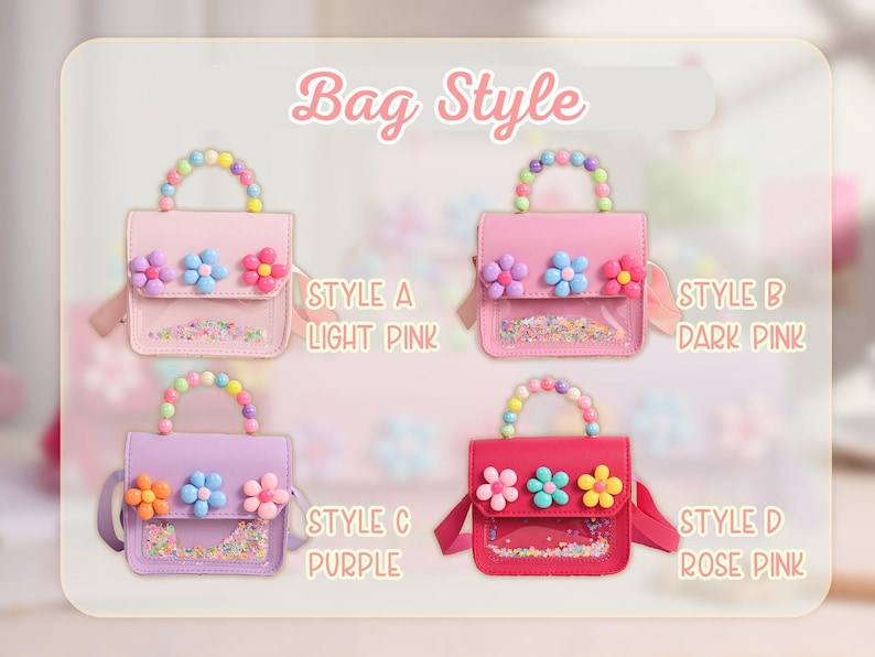 May include: Four small handbags labeled Bag Style with options A, B, C, and D. Each bag features a beaded handle, three flower embellishments on the flap, and a clear front pocket filled with colorful confetti. Colors include light pink, dark pink, purple, and rose pink.