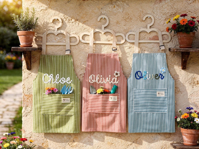 May include: Three striped aprons, green, red, and blue, each with a name embroidered on them: Chloe, Olivia, and Oliver. Each apron has a pocket filled with gardening tools and flowers. They hang on wooden hangers.