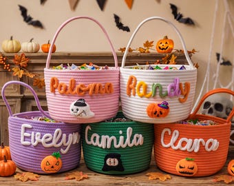 Personalized Halloween Trick or Treat Basket,Cotton Rope Candy Basket,Halloween gift