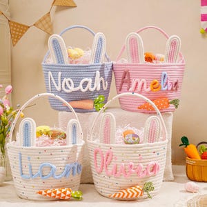 Personalized Name Basket for Kids,Custom Nursery Storage Basket,Rope Cotton Baby Gift Basket,Toy Organizer,Baby Shower Gift,Bunny Basket image 4