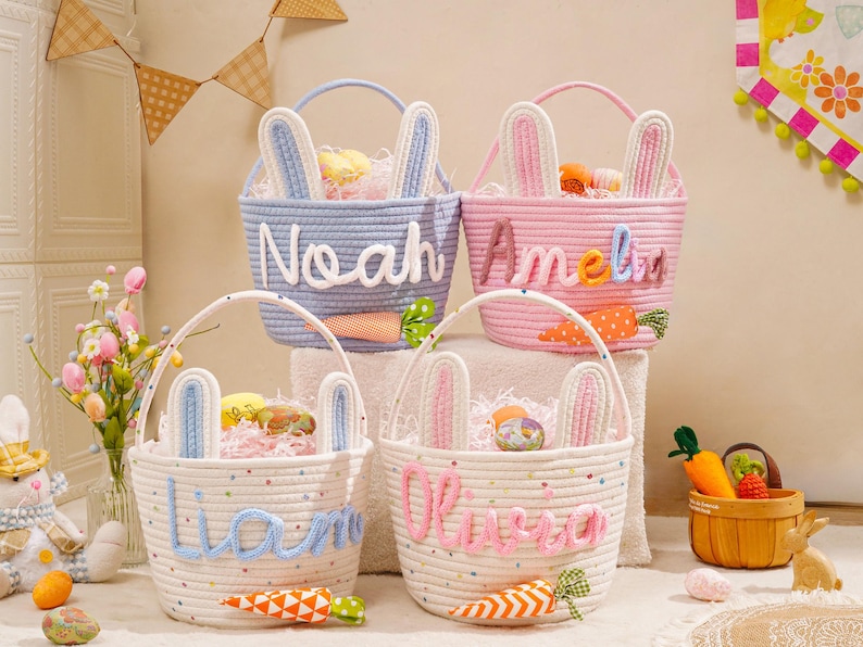Personalized Name Basket for Kids,Custom Nursery Storage Basket,Rope Cotton Baby Gift Basket,Toy Organizer,Baby Shower Gift,Bunny Basket image 4
