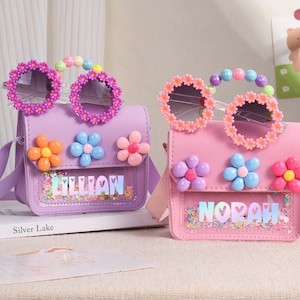 Personalisierte Mädchen Blumen Umhängetasche, Kinder Mini Geldbörse und Sonnenbrille, Kleinkind Geburtstag Accessoire, Kinder Geburtstagsgeschenk