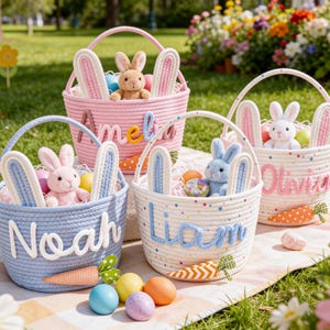 Personalized Name Basket for Kids,Custom Nursery Storage Basket,Rope Cotton Baby Gift Basket,Toy Organizer,Baby Shower Gift,Bunny Basket image 2