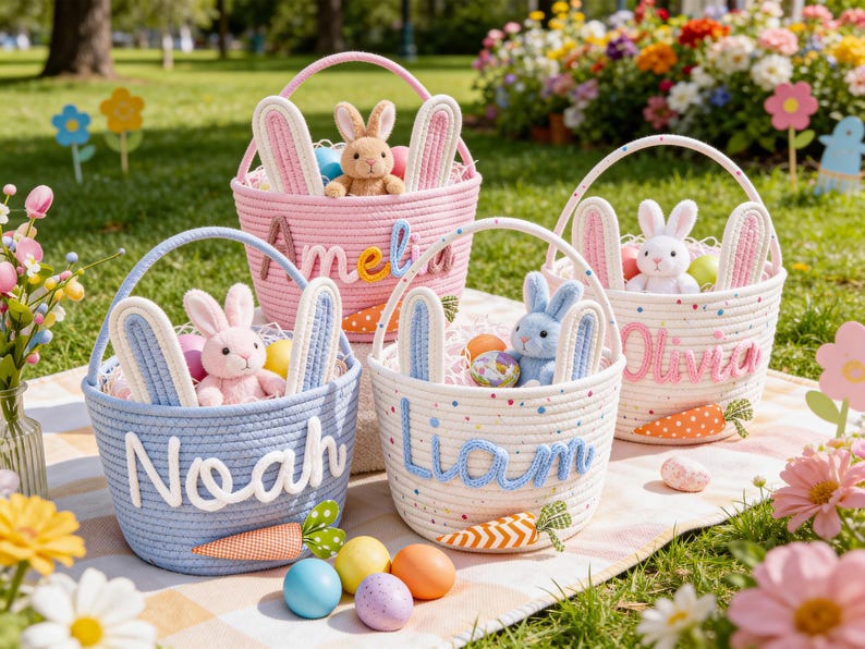 Personalized Name Basket for Kids,Custom Nursery Storage Basket,Rope Cotton Baby Gift Basket,Toy Organizer,Baby Shower Gift,Bunny Basket image 2