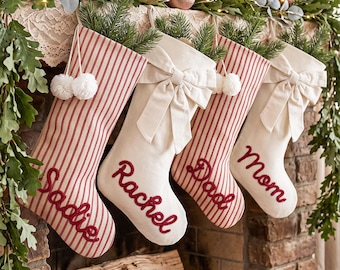 Personalized Linen Christmas Stocking,Custom Name Stocking with Bow,2026 Christmas Stocking GIft,Family Holiday Decor