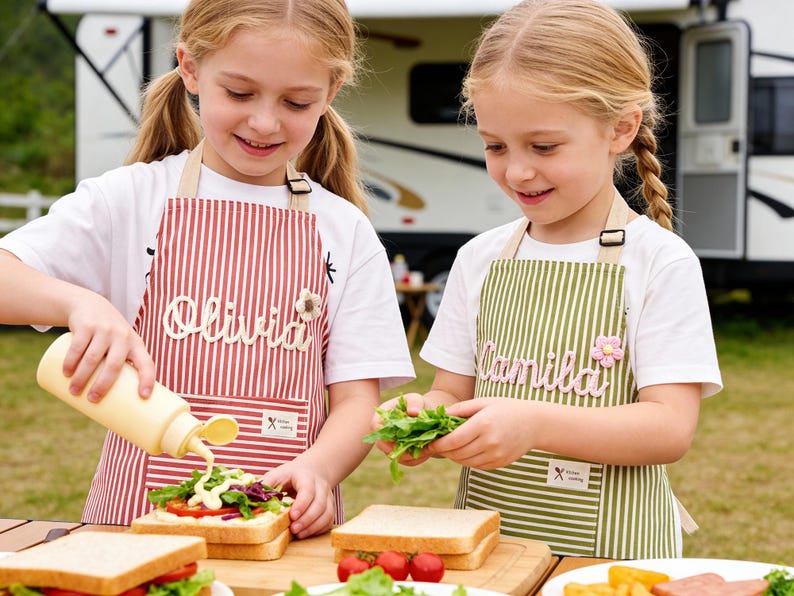 May include: Two young girls wearing aprons with names on them prepare sandwiches outdoors. One apron is red and white striped, the other is green and white striped. The aprons have a flower and the text "Olivia" and "Camila".