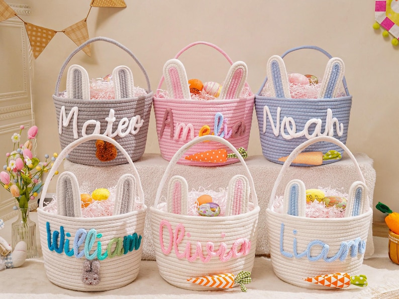 Personalized Name Basket for Kids,Custom Nursery Storage Basket,Rope Cotton Baby Gift Basket,Toy Organizer,Baby Shower Gift,Bunny Basket image 10