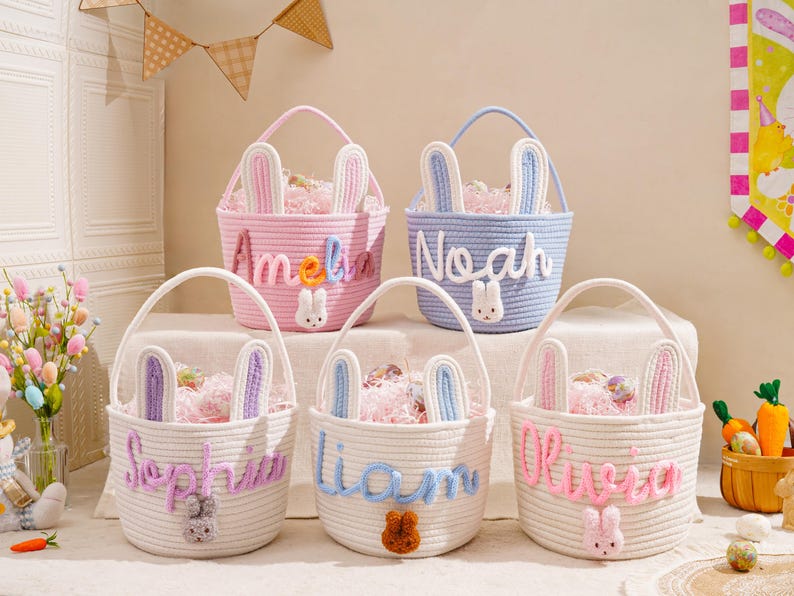 Personalized Name Basket for Kids,Custom Nursery Storage Basket,Rope Cotton Baby Gift Basket,Toy Organizer,Baby Shower Gift,Bunny Basket image 11
