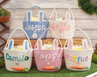 Personalized Easter Basket,Rope Cotton Baby Gift Basket,Easter Egg Hunt Basket,Custom Easter Egg Hunt Gift for Kids,Easter Bunny Bucket
