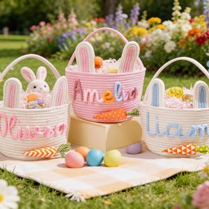 Personalized Name Basket for Kids,Custom Nursery Storage Basket,Rope Cotton Baby Gift Basket,Toy Organizer,Baby Shower Gift,Bunny Basket image 3