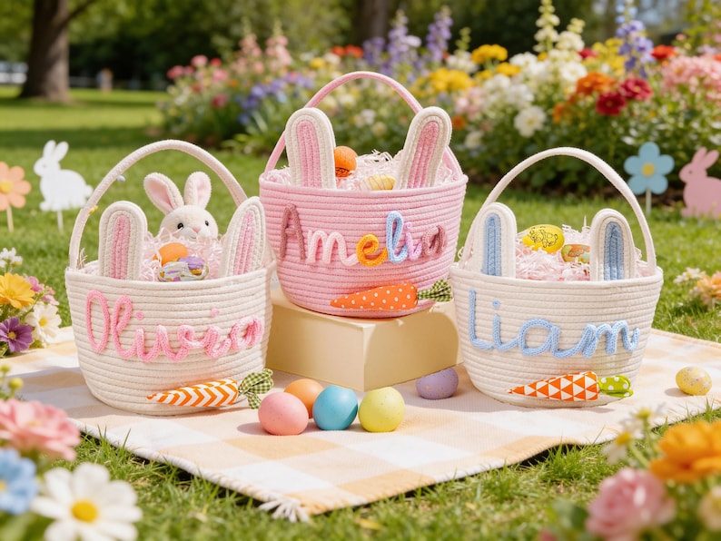 Personalized Name Basket for Kids,Custom Nursery Storage Basket,Rope Cotton Baby Gift Basket,Toy Organizer,Baby Shower Gift,Bunny Basket image 3