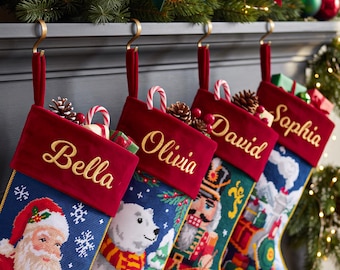 Personalized Christmas Stockings,Vintage Needlepoint Velet Stocking with Embroidered Name,Holiday Decor