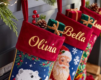 Embroidered Name Christmas Stockings,Vintage Needlepoint Stocking,Holiday Gifts