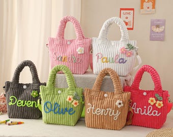 カスタムクロスボディバッグ、ソフトコーデュロイハンドバッグ、カスタムネームハンドバッグ、ベビーシャワーギフト、幼児用女の子ハンドバッグ、キッズハンドバッグ、幼稚園＆誕生日プレゼント