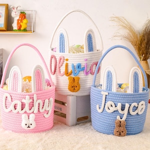 Personalisierter Korb für Kinder, Benutzerdefinierter Babynamenkorb, Seilbaumwollbaby-Geschenkkorb, Jagdkorb, Babypartygeschenk, Häschenkorb, Neugeborenengeschenk