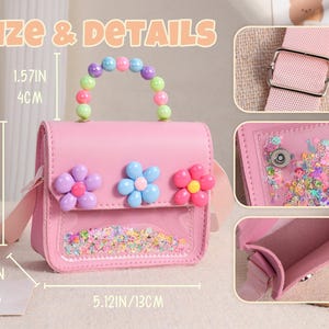 May include: A pink handbag featuring a handle made of multicolored beads, three flower-shaped embellishments on the front flap, and a clear pocket filled with colorful confetti. Dimensions are 5.12 inches wide, 4.33 inches high, and 1.97 inches deep.