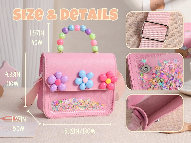 May include: A pink handbag featuring a handle made of multicolored beads, three flower-shaped embellishments on the front flap, and a clear pocket filled with colorful confetti. Dimensions are 5.12 inches wide, 4.33 inches high, and 1.97 inches deep.