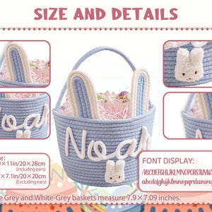 Personalized Name Basket for Kids,Custom Nursery Storage Basket,Rope Cotton Baby Gift Basket,Toy Organizer,Baby Shower Gift,Bunny Basket image 5