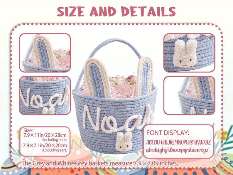 Personalized Name Basket for Kids,Custom Nursery Storage Basket,Rope Cotton Baby Gift Basket,Toy Organizer,Baby Shower Gift,Bunny Basket image 5