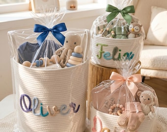 Personalized Crocheted Name Baby Basket,Cotton Yarn Nursery Storage,Baby Shower Gift