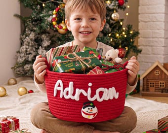 Personalized Baby Christmas Basket,Custom Name,Festive Storage (Red, Green, White)
