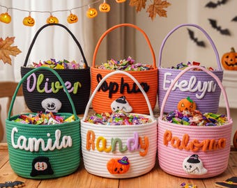 Personalized Cotton Rope Halloween Trick or Treat Basket, Custom Name Candy Bag