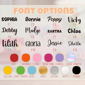 May include: A chart titled FONT OPTIONS displaying twelve black text styles labeled F1 through F12, including names like Sophia, Bonnie, and Poppy. Below are fourteen colored circles labeled Red, Orange, Pink, Rose Pink, Purple, Laser Rainbow, Yellow, Light Green, Blue, Gold, Silver, White, and Black.