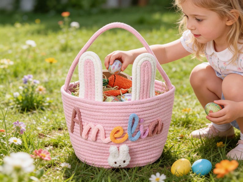 Personalized Name Basket for Kids,Custom Nursery Storage Basket,Rope Cotton Baby Gift Basket,Toy Organizer,Baby Shower Gift,Bunny Basket image 8