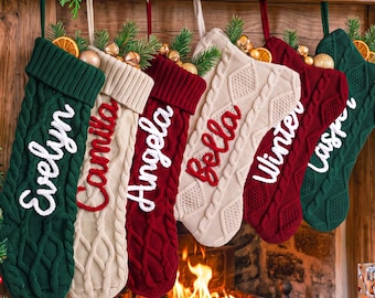 2026 Custom Name Christmas Stockings,Cable Knit Family & Dog Bone Set,Holiday Stockings Gift
