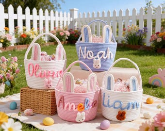 Personalized Easter Basket for Kids,Custom Name Basket,Rope Cotton Baby Gift Basket,Easter Egg Hunt Basket,Baby Shower Gift,Bunny Basket
