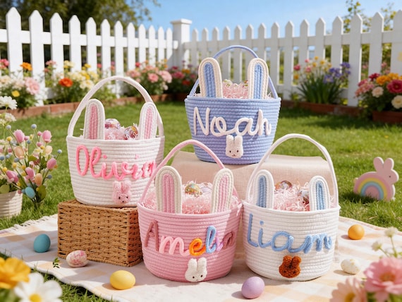 Personalized Easter Basket for Kids,Custom Name Basket,Rope Cotton Baby Gift Basket,Easter Egg Hunt Basket,Baby Shower Gift,Bunny Basket