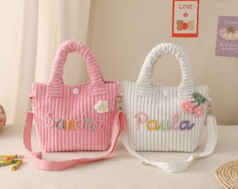 Spersonalizowana torebka na ramię z kordu z imieniem, torebka dla malucha, torebka na ramię z kordu z wiaderkiem, prezent na baby shower, torebka dla małej dziewczynki, torebki z imieniem