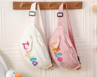 Custom Toddler Purse with Name,Personalized Kids Waist Bag,Fluffy Belt Bag,Preschool Daycare Gift for Boys Girls,Monogram Patch Crossbody