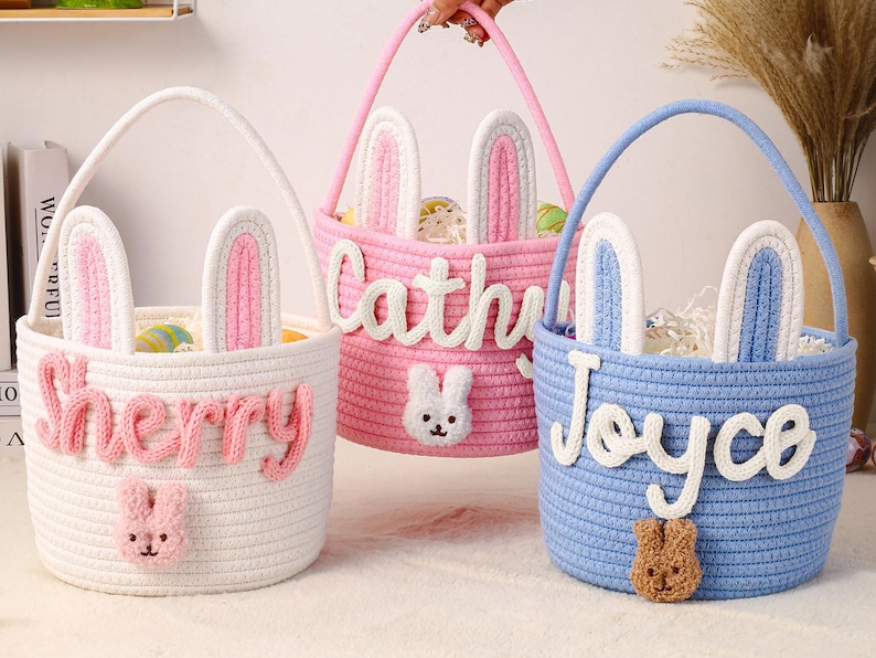 Personalized Name Basket for Kids,Custom Nursery Storage Basket,Rope Cotton Baby Gift Basket,Toy Organizer,Baby Shower Gift,Bunny Basket image 12