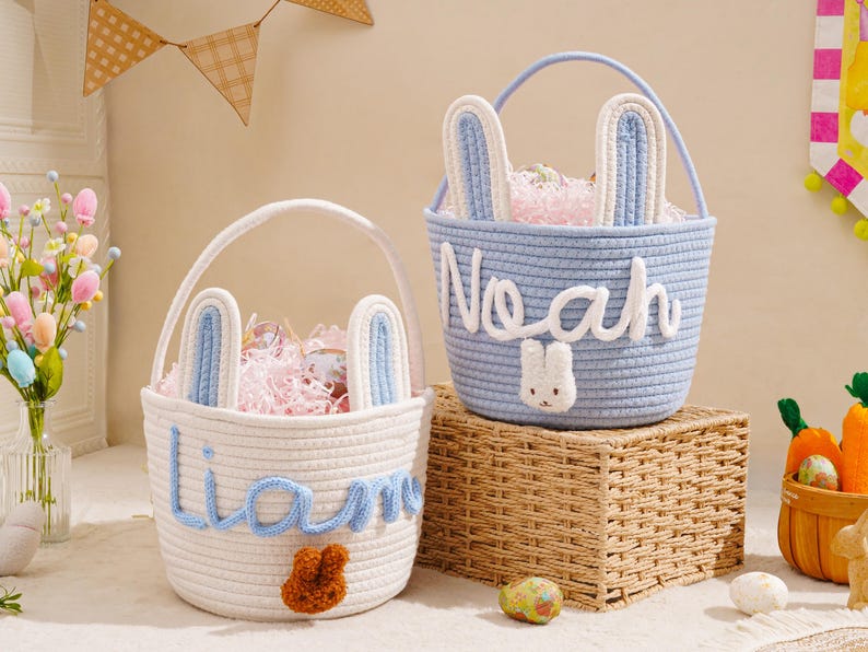 Personalized Name Basket for Kids,Custom Nursery Storage Basket,Rope Cotton Baby Gift Basket,Toy Organizer,Baby Shower Gift,Bunny Basket image 9