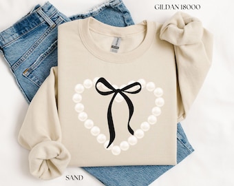 Coquette Pearl Heart and Bow Sweatshirt, Valentine's Day Sweatshirt, Lover Sweatshirt, Cute Sweatshirt, Girly Valentine Gifts, Gifts for Her