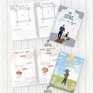 Puede incluir: Una agenda espiral de color rosa y blanco con el título "100 Citas papá e hija" en letra azul y blanca. La portada presenta una ilustración de dibujos animados de un padre llevando a su hija en sus hombros. El fondo es un campo verde con flores amarillas.