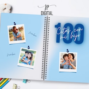 以下が含まれることがあります： 表紙に「100 Citas con mi hijo」と書かれた青と白のスパイラルノート。ノートには、母親と息子の写真が3枚あります。